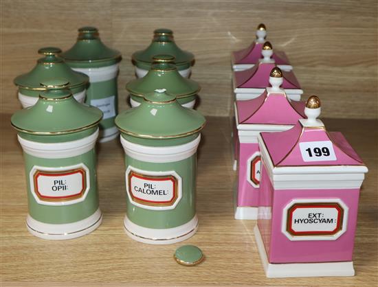 A set of six green and gilt ceramic drug jars and covers and a set of four pink and gilt ditto